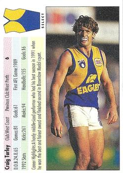 1993 Select AFL #6 Craig Turley Back